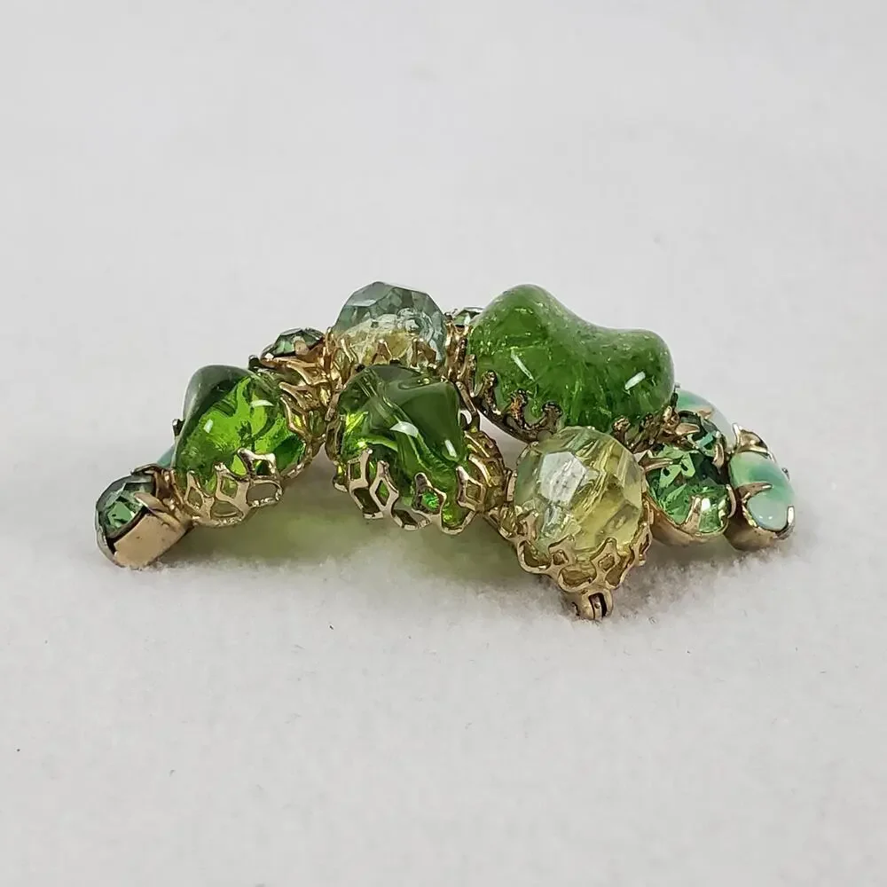Vintage MCM Green Rhinestone Gold Tone Brooch and Earrings Set